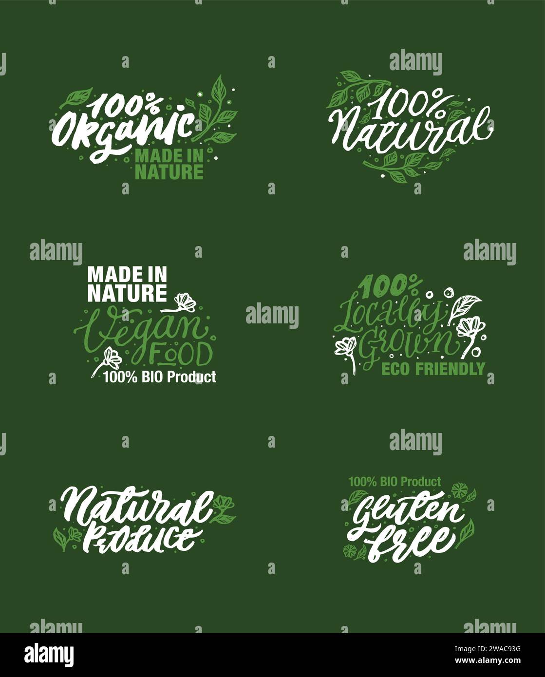 Produit biologique, fabriqué dans la nature et localement cultivé Vegan logos et éléments collection pour le marché alimentaire, le commerce électronique, la promotion des produits, la vie saine et Illustration de Vecteur