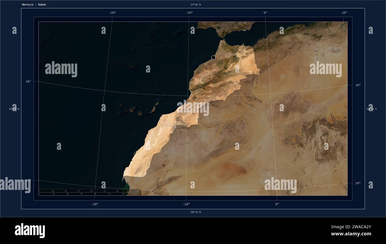 Le Maroc a mis en évidence sur une carte satellite à basse résolution avec le point de la capitale du pays, la grille cartographique, l'échelle de distance et la carte de coordination frontalière Banque D'Images