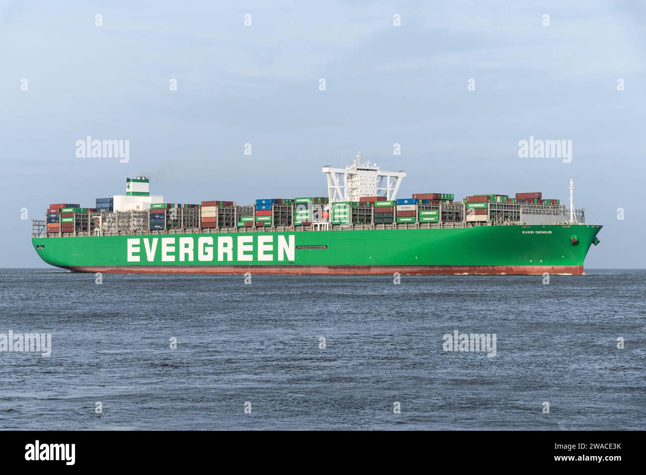 Navire porte-conteneurs Evergreen Ever Genius sur la rivière Elbe Banque D'Images