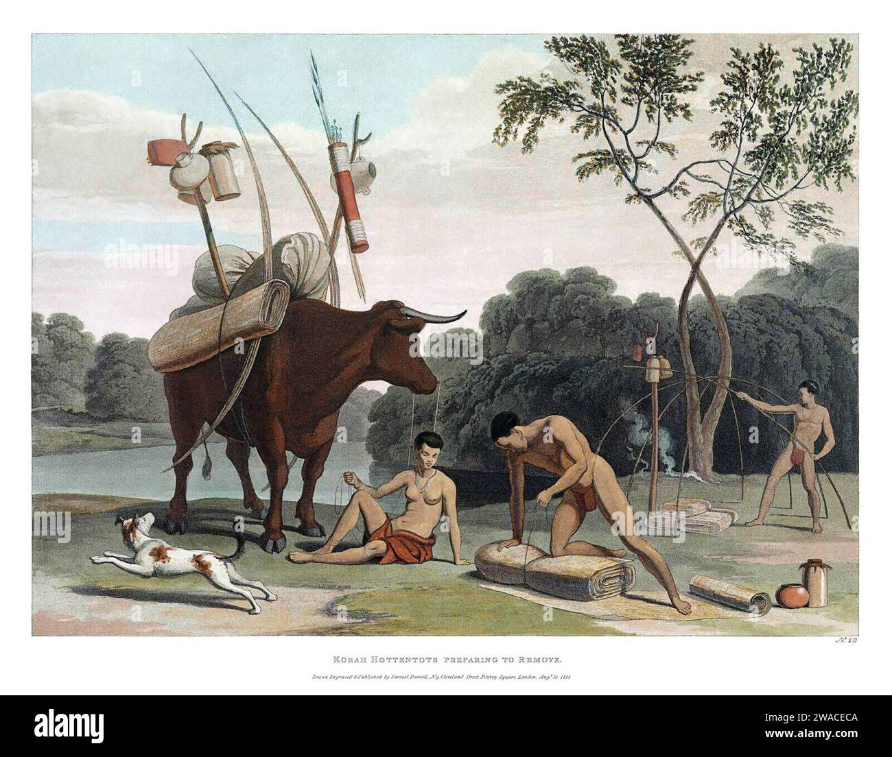 Aquatinte colorée à la main de Korah Hottentots se préparant à enlever leurs huttes et à se déplacer vers un autre site du village. Banque D'Images
