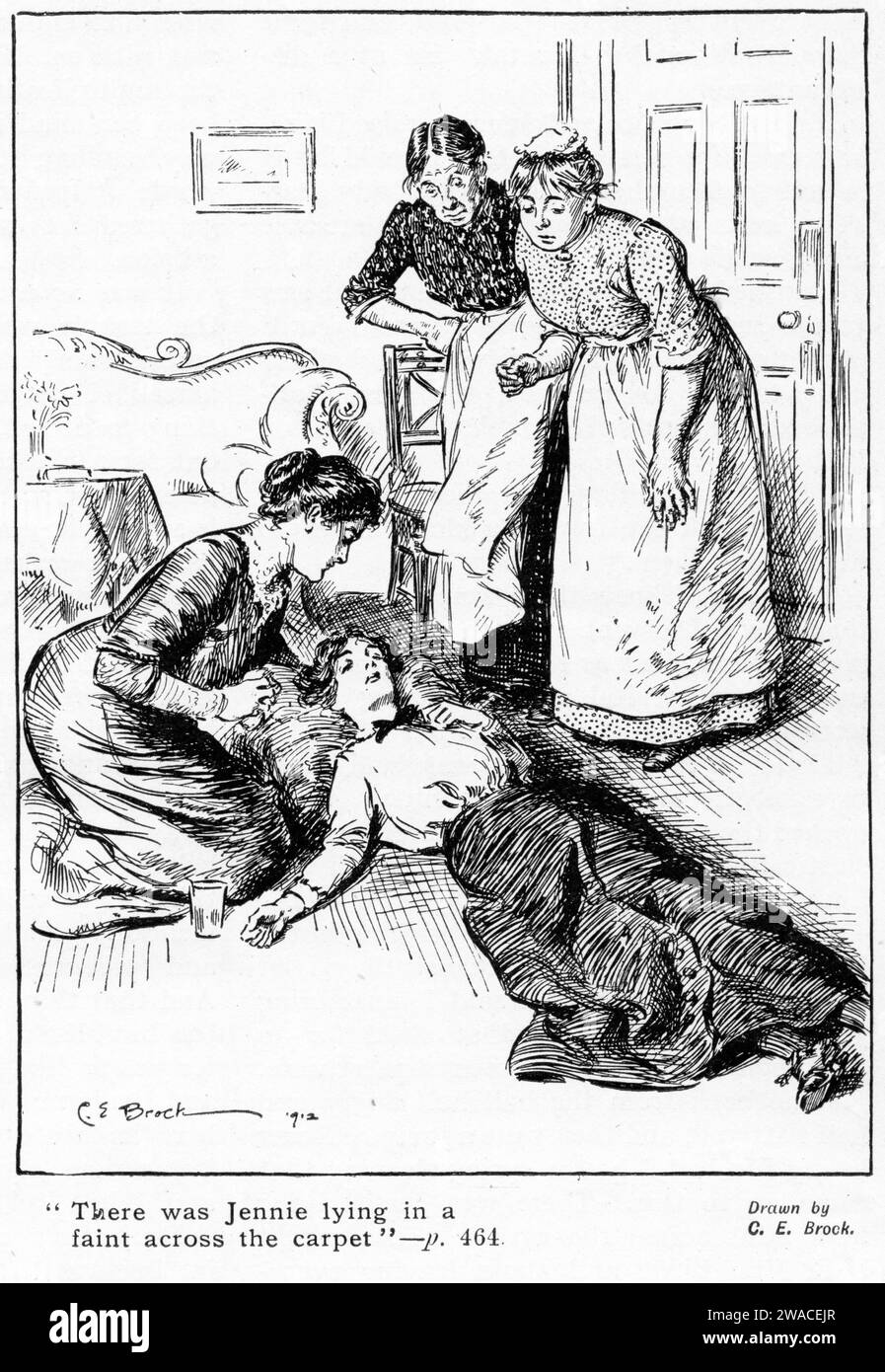 Des amis et des serviteurs assistent à Jennie après qu'elle se soit évanouie sur le sol, vers 1913 Banque D'Images Des amis et des serviteurs assistent à Jennie après qu'elle se soit évanouie sur le sol, vers 1913 Banque D'Images