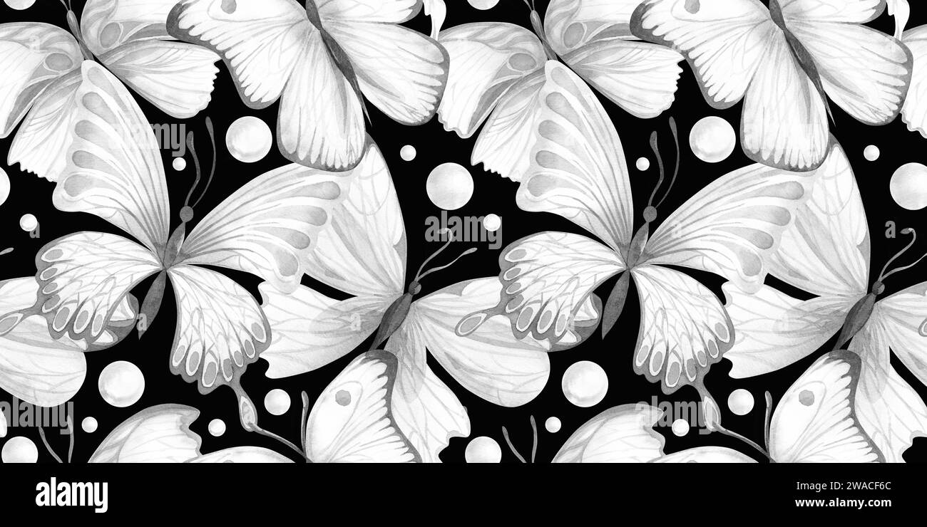Motif sans couture avec papillons aquarelle gris blanc sur fond noir. Conception d'insectes dessinés à la main idéal pour le textile de tissu ou scrapbooking, papier Banque D'Images