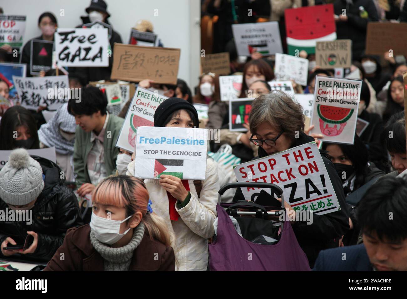 Rassemblement de protestation le 12 novembre 2023 à Shibuya, Tokyo, Japon, appelant à un cessez-le-feu pour sauver le peuple palestinien de Gaza. Banque D'Images