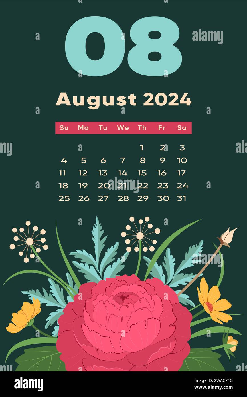 Modèle de calendrier floral août 2024. Avec des fleurs et des feuilles colorées vives. Modèle de page modifiable avec illustrations. Maillage vectoriel. La semaine commence le dimanche. Illustration de Vecteur