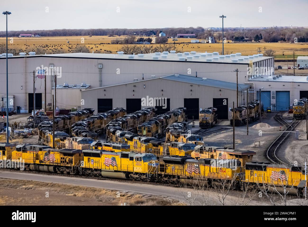Atelier de réparation de locomotives à Bailey Yard, le plus grand triage ferroviaire au monde, Union Pacific Railroad, North Platte, Nebraska, États-Unis [aucune propriété Banque D'Images