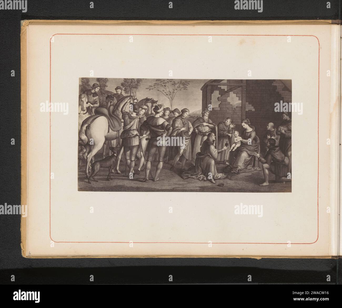 Production photographique d'une gravure au culte des rois par Rafaël au Vatican, Anonyme, d'après Rafaël, c. 1863 - dans ou avant vers 1868 photographie support photographique impression albumen adoration des rois : les Sages présentent leurs dons au Christ-enfant (or, encens et myrrhe) Musées du Vatican Banque D'Images
