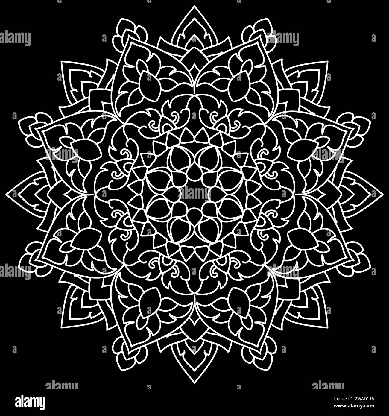 Dessins d'art de ligne Mandala sur fond noir. Coloriage pour enfants et adultes. Modèles pour la relaxation et la méditation. Illustration vectorielle Illustration de Vecteur