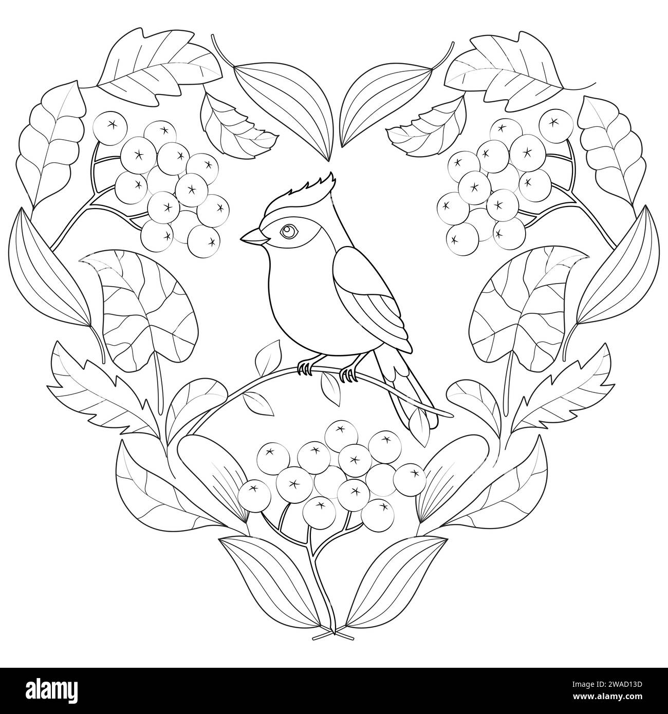 Coeur de feuilles d'automne avec oiseau. Noir et blanc. Coloriage pour enfants et adultes. Illustration vectorielle. Jolie couronne avec des feuilles d'automne d'oiseau. Dessin d'esquisse à main levée anti-contrainte. Illustration vectorielle Illustration de Vecteur