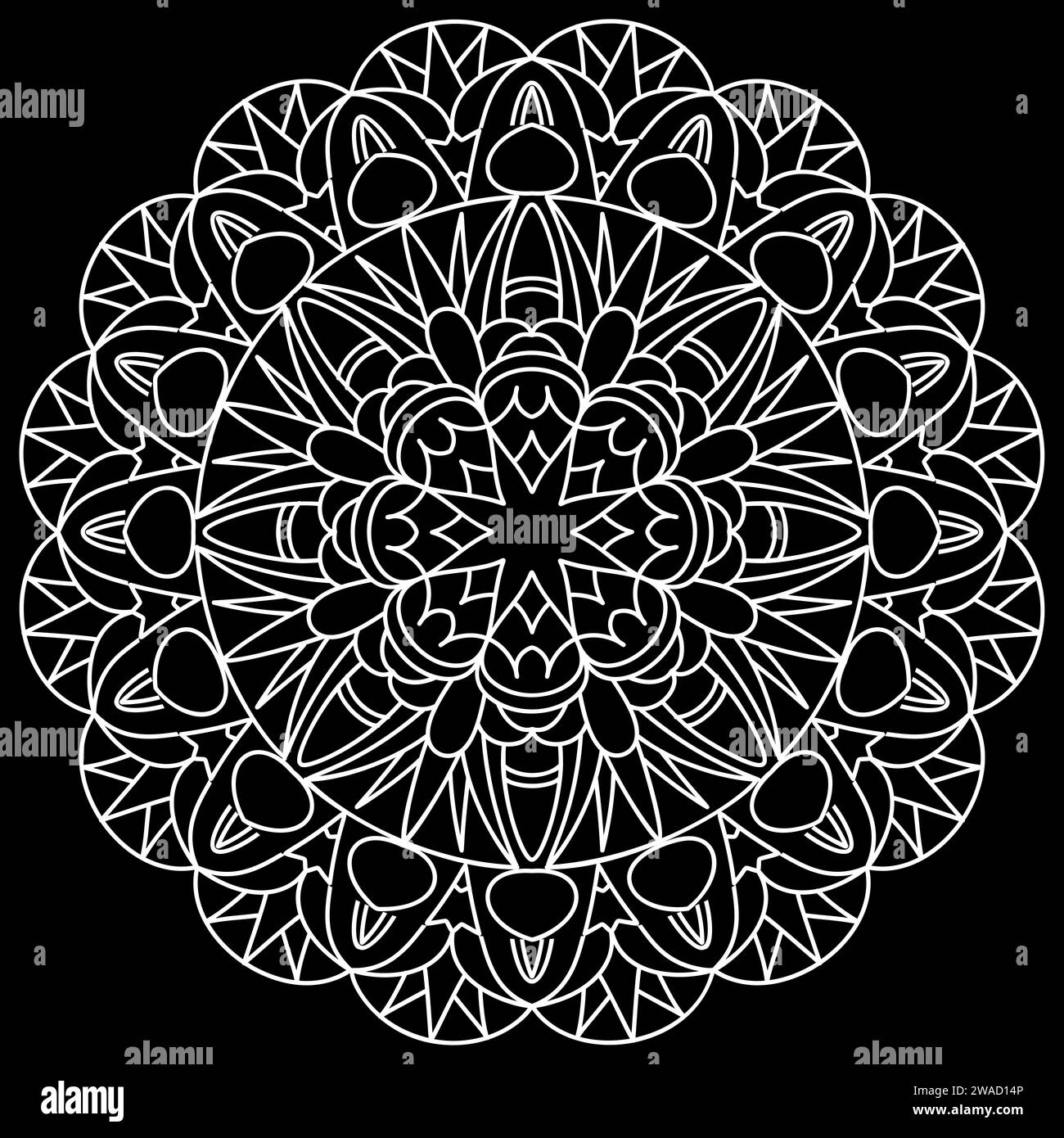 Dessins d'art de ligne Mandala sur fond noir. Coloriage pour enfants et adultes. Modèles pour la relaxation et la méditation. Illustration vectorielle Illustration de Vecteur