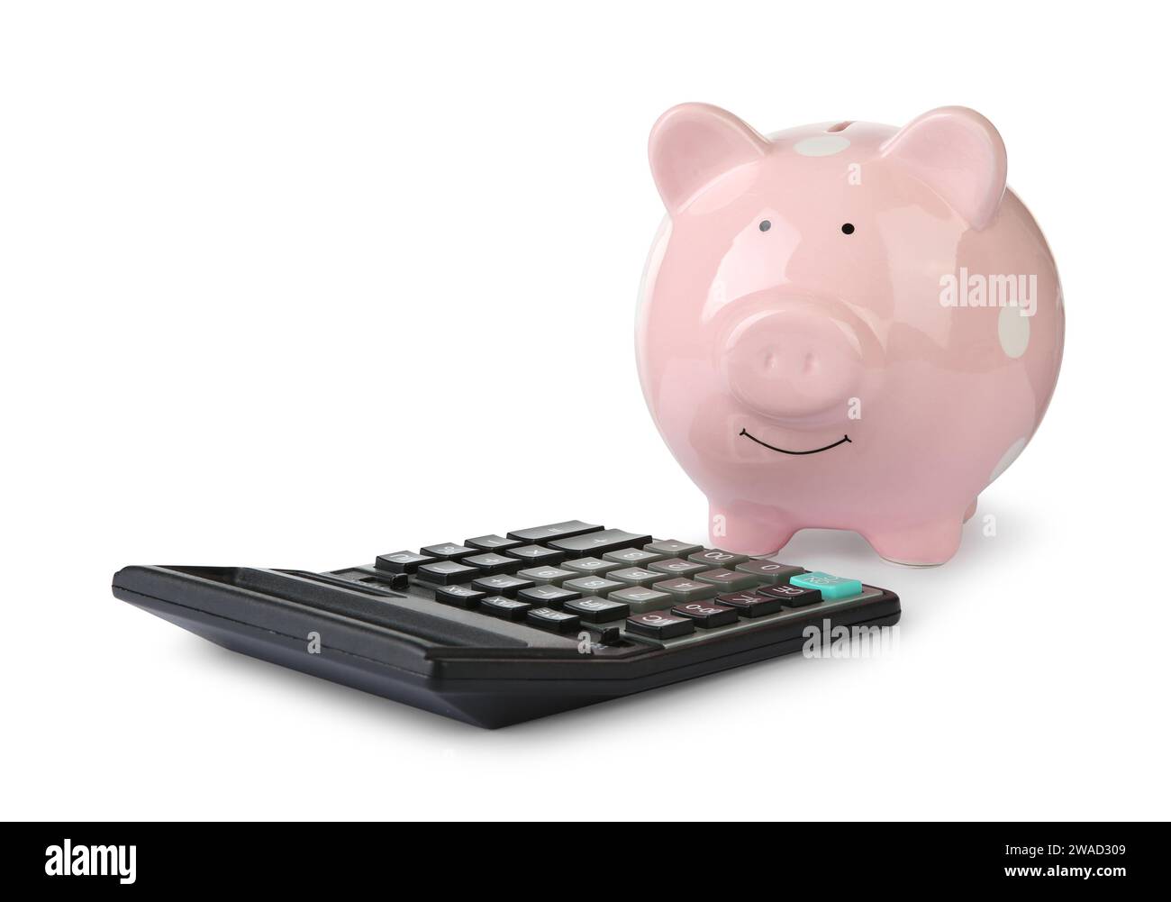 Tirelire et calculator isolated on white Banque D'Images