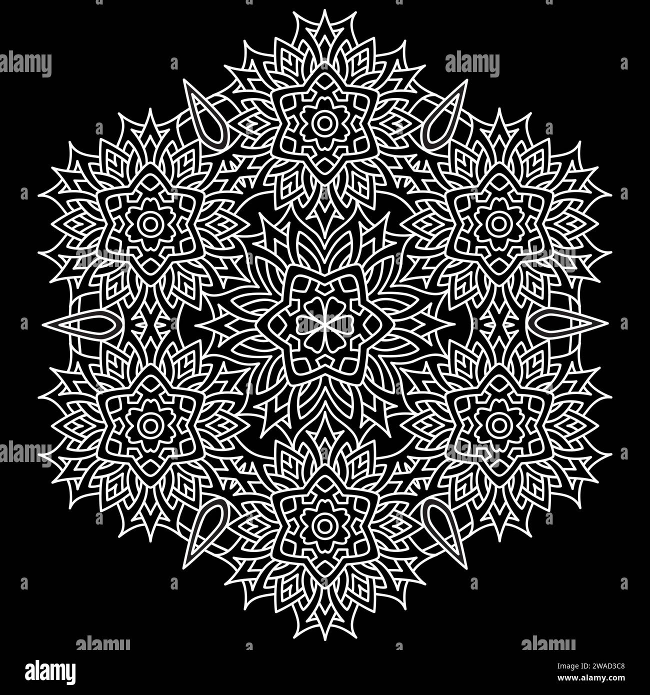 Dessins d'art de ligne Mandala sur fond noir. Coloriage pour enfants et adultes. Modèles pour la relaxation et la méditation. Illustration vectorielle Illustration de Vecteur