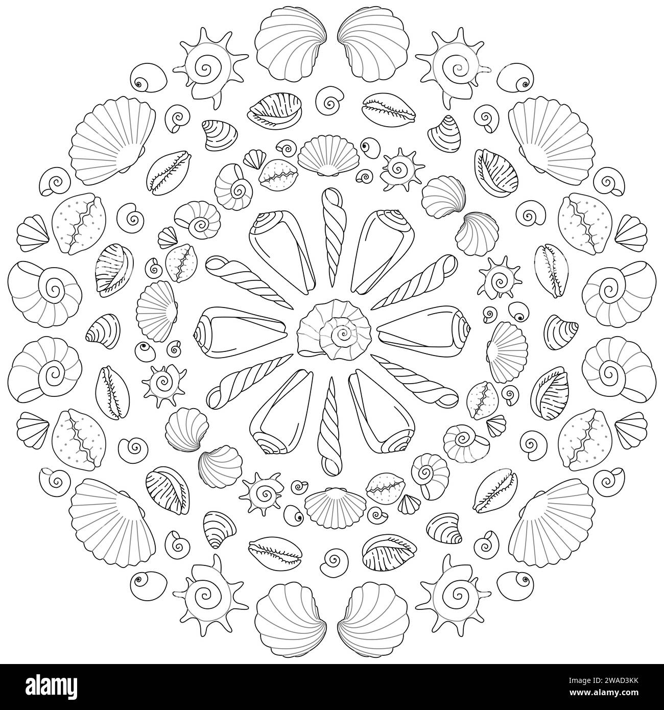 Coloriage de mandala de mer. Coloriage anti stress pour enfants et adultes. Coquillages marins, océan. Beau dessin avec de petits détails. Livre de coloriage. Illustration vectorielle. Illustration de Vecteur