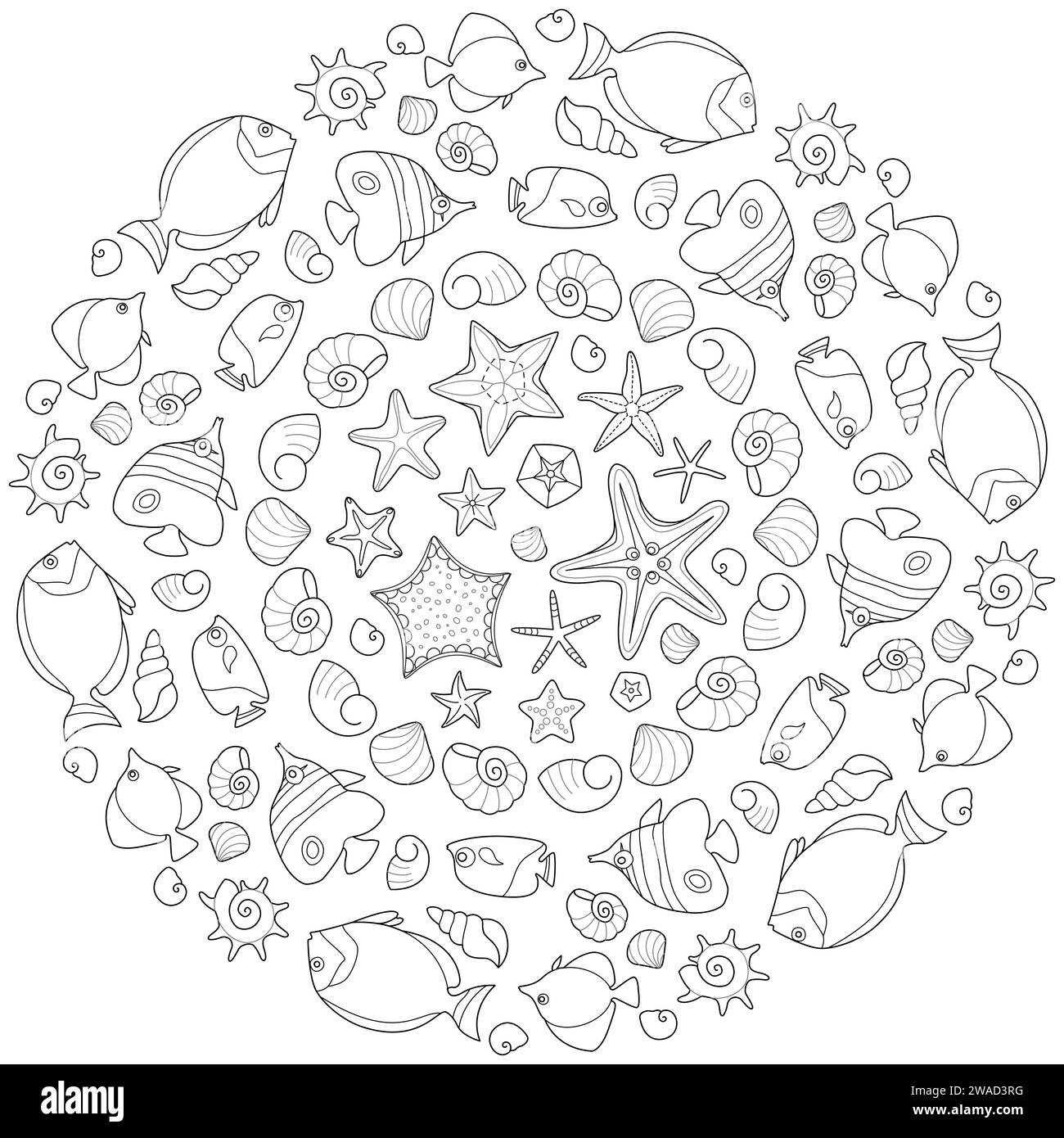 Mandala de mer avec poissons et étoiles de mer. Coloriage anti stress pour enfants et adultes. Coquillages, étoiles de mer, océan. Beau dessin avec de petits détails. Livre de coloriage. Illustration vectorielle. Illustration de Vecteur