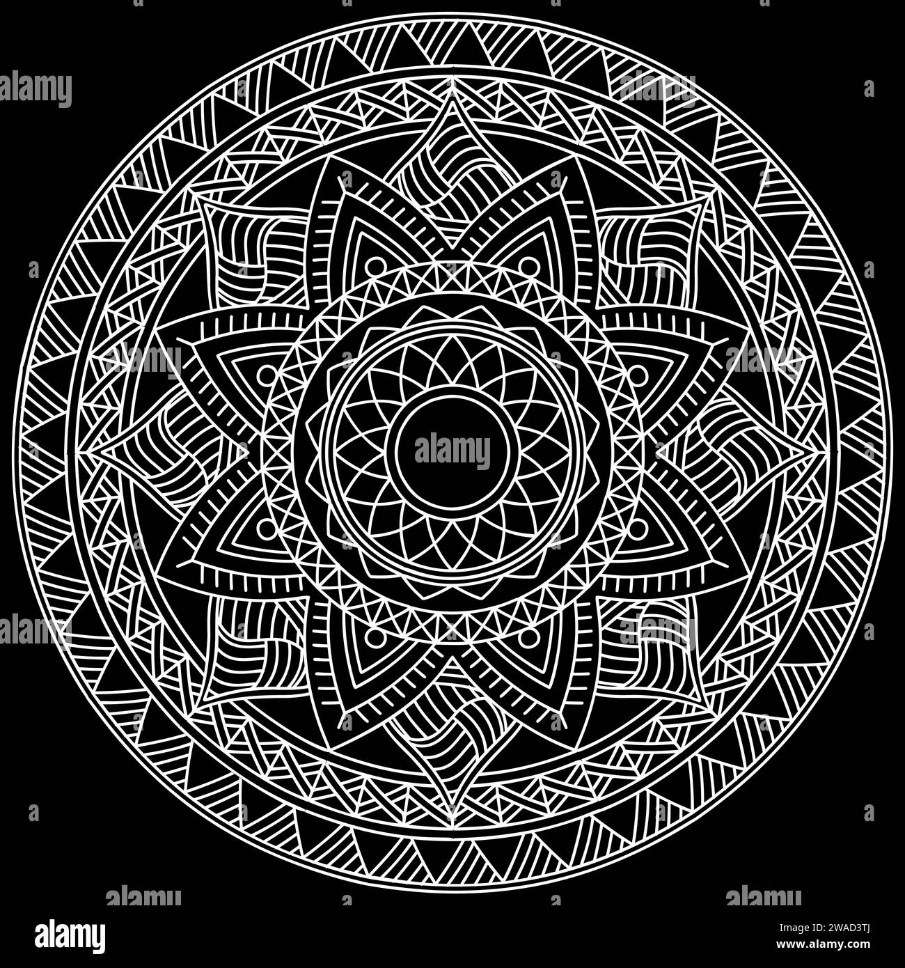 Dessins d'art de ligne Mandala sur fond noir. Coloriage pour enfants et adultes. Modèles pour la relaxation et la méditation. Illustration vectorielle Illustration de Vecteur