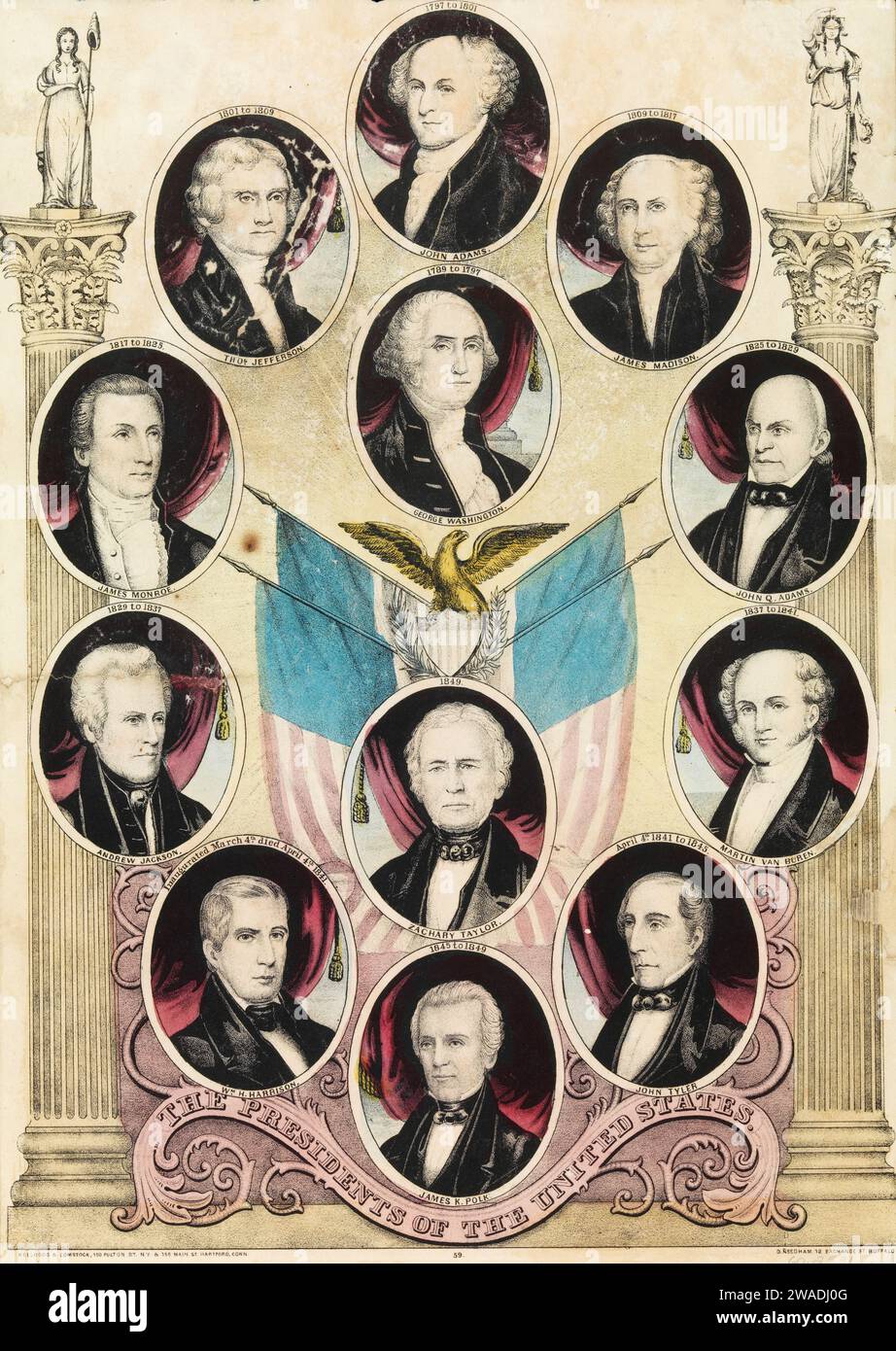 Lithographie, 'les présidents des États-Uniss' ca. 1849, montre des portraits de présidents américains Banque D'Images