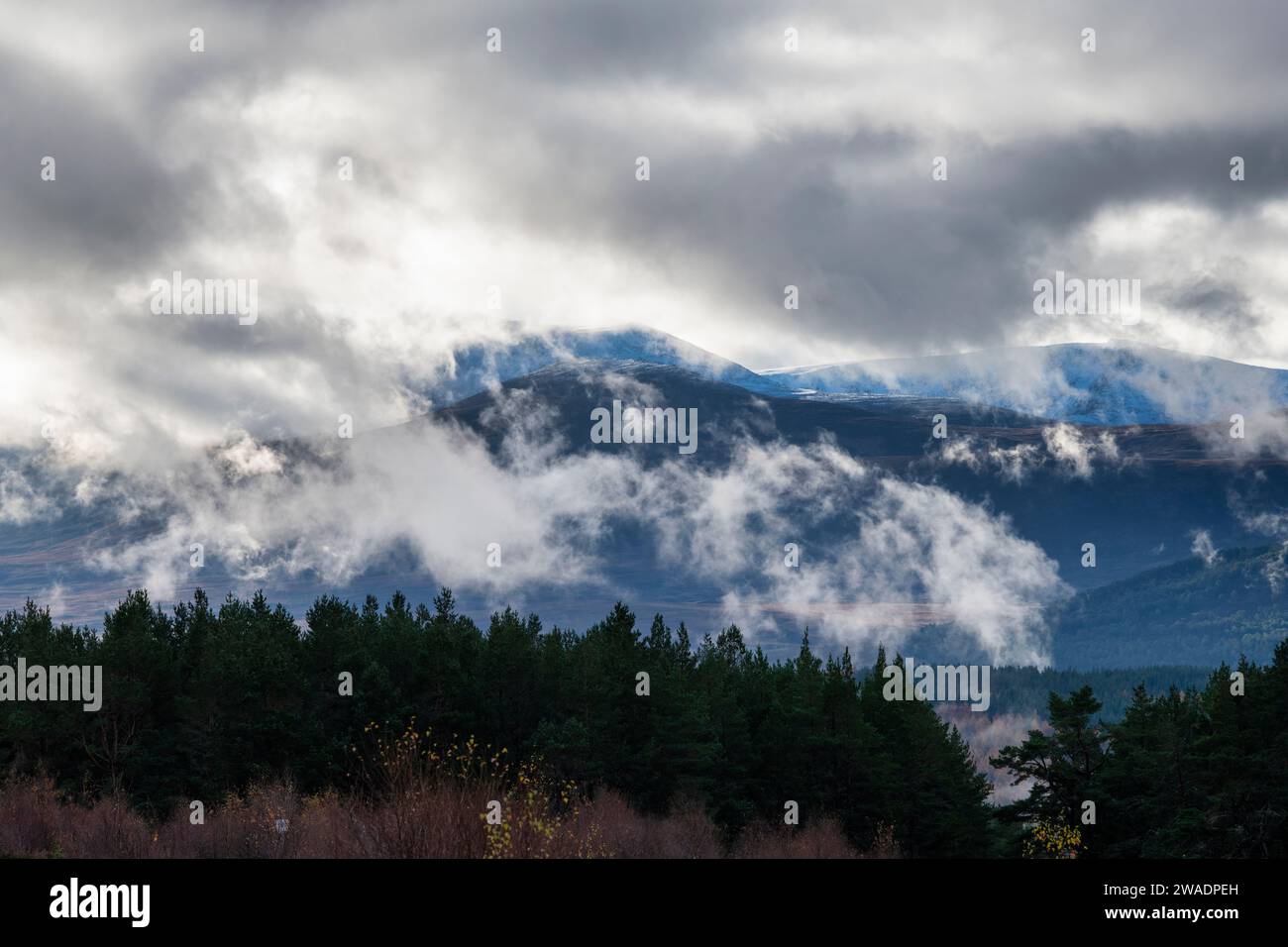 Vapeur de distillerie et nuages bas au-dessus du domaine Balmoral, Aberdeenshire, Écosse Banque D'Images