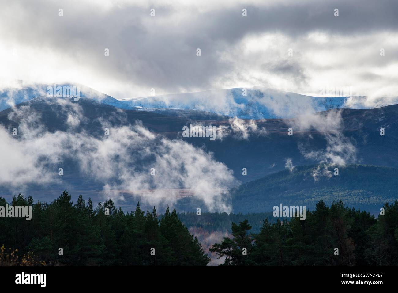 Vapeur de distillerie et nuages bas au-dessus du domaine Balmoral, Aberdeenshire, Écosse Banque D'Images