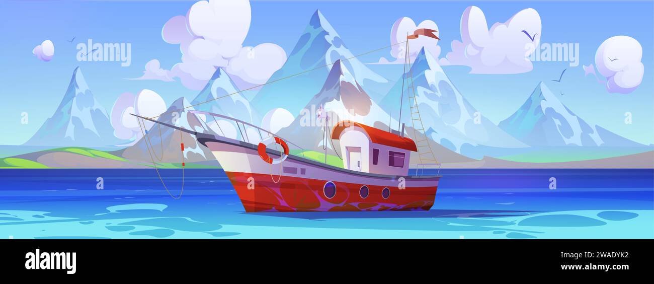 Bateau de pêche flottant sur l'eau bleue calme du lac, de la mer ou de l'océan avec des montagnes rocheuses et des arbres à l'horizon. Paysage ensoleillé marin de dessin animé avec bateau de pêcheur. Illustration vectorielle du navire dans le port. Illustration de Vecteur