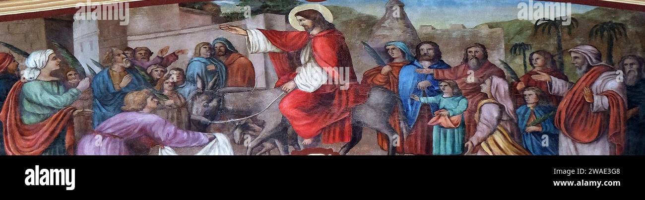 Entrée triomphale de Jésus à Jérusalem, fresque dans l'église Saint Matthieu à Stitar, Croatie Banque D'Images