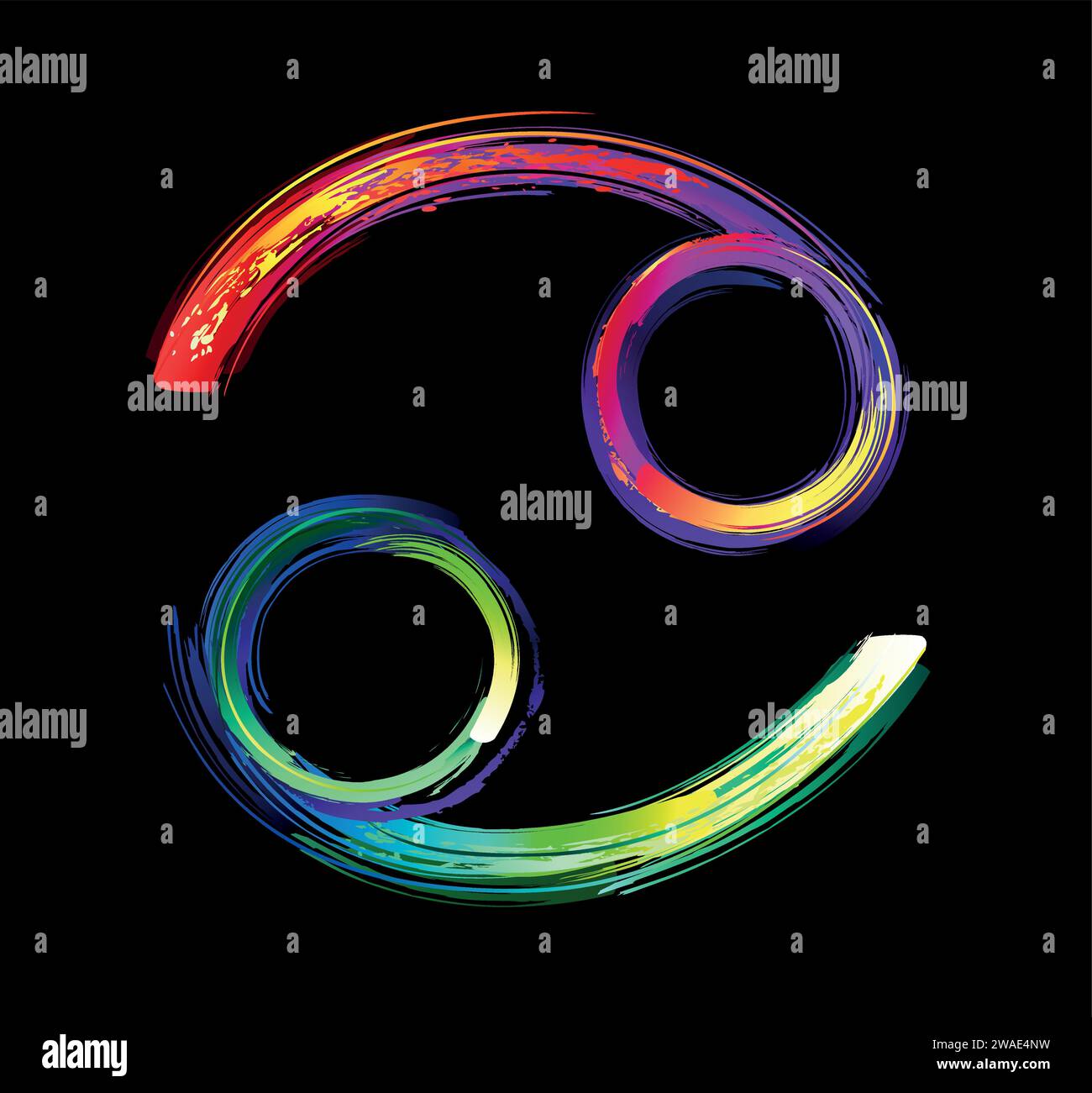 Signe du zodiaque cancer, peint avec de grands coups d'arc-en-ciel, lumineux, multicolore, luminescent, peinture au néon sur fond noir. Symbole du zodiaque. Illustration de Vecteur