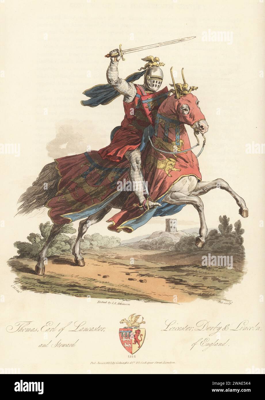 Thomas Crouchback, 2e comte de Lancaster, Leicester, Derby et Lincoln, intendant d'Angleterre, 14e siècle. Chargement à cheval avec épée. En casque à crête, costume de maille de chaîne, surmanteau arboré, bouclier et caparison. De son sceau dans la Cotton Library. Gravure sur cuivre colorée à la main gravée par John Augustus Atkinson, aquatintée par John Hill, d'après une illustration de Charles Hamilton Smith tirée de ses propres sélections of Ancient Costume of Great Britain and Ireland, Colnaghi and Co., Londres, 1814. Banque D'Images