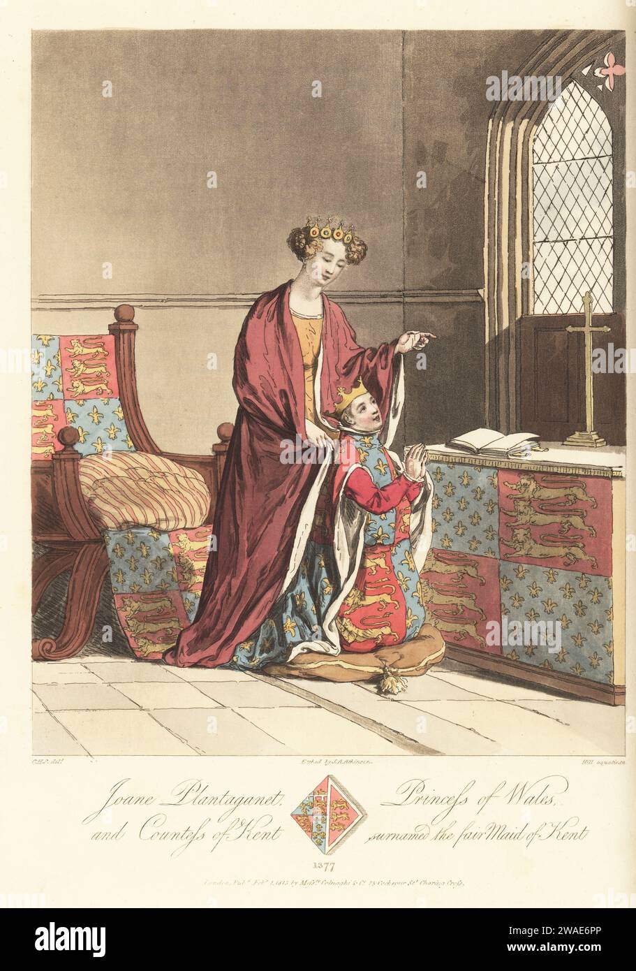 Le roi Richard II d'Angleterre, âgé de 10 ans, avec sa mère, Jeanne, comtesse de Kent, 1377. Richard en couronne et tabard armorial agenouillé devant un autel. Joanne Plantagenet, la bonne femme de ménage du Kent, en couronne ducale, manteau et robe. D'après un manuscrit psautier de coton MS Domitian A xvii. Gravure sur cuivre colorée à la main gravée par John Augustus Atkinson, aquatintée par John Hill, d'après une illustration de Charles Hamilton Smith tirée de ses propres sélections of Ancient Costume of Great Britain and Ireland, Colnaghi and Co., Londres, 1814. Banque D'Images