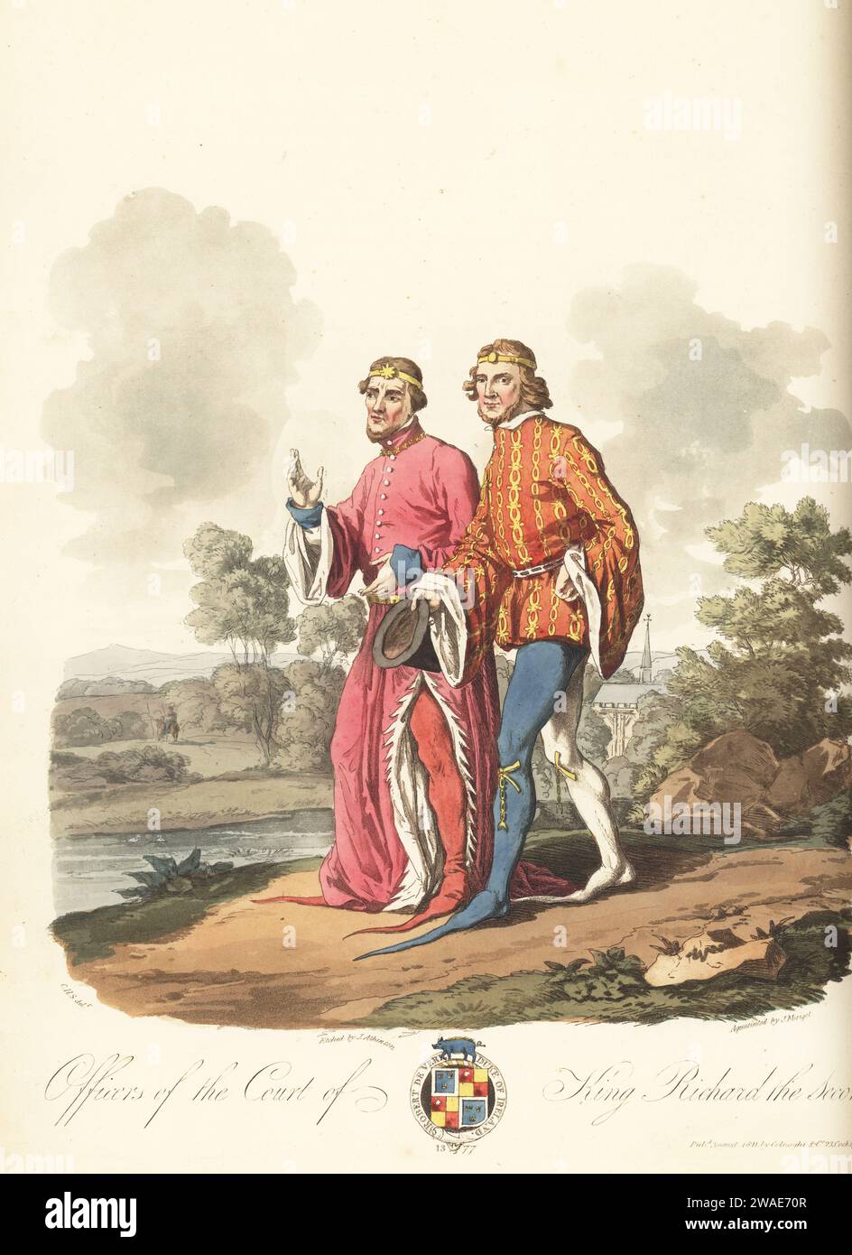 Officiers de la cour du roi Richard II, 14e siècle. FOPS en cercles d'or, doublets, chaînes de genou sur tuyau de couleur parti et chaussures piquées ou poulaines. Armoiries de Robert de Vere, duc d'Irlande, 1377. Gravure sur cuivre colorée à la main gravée par John Augustus Atkinson, aquatintée par James Merigot, d'après une illustration de Charles Hamilton Smith tirée de ses propres sélections of Ancient Costume of Great Britain and Ireland, Colnaghi and Co., Londres, 1814. Banque D'Images