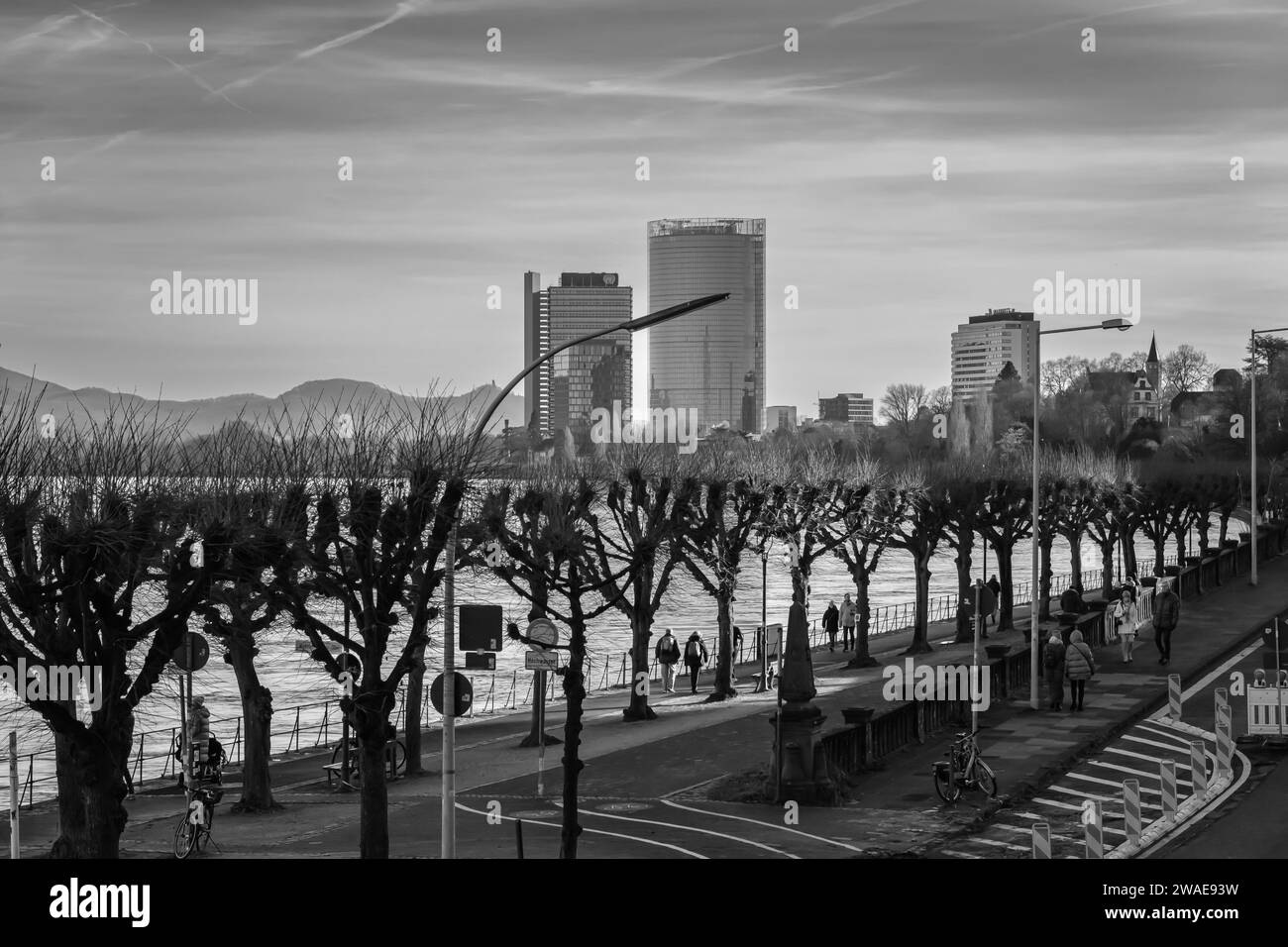 Bonn, Allemagne - 17 décembre 2023 : vue panoramique de la promenade près du Rhin et du Campus des Nations Unies et de la Tour de la poste Banque D'Images