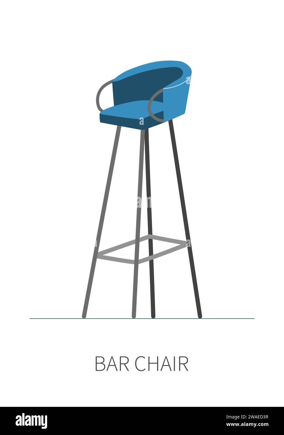 Chaise de bar de cuisine haute sur de longues jambes en métal avec assise bleu doux. Chaise isolée sur fond blanc vue latérale avant. Illustration vectorielle Illustration de Vecteur