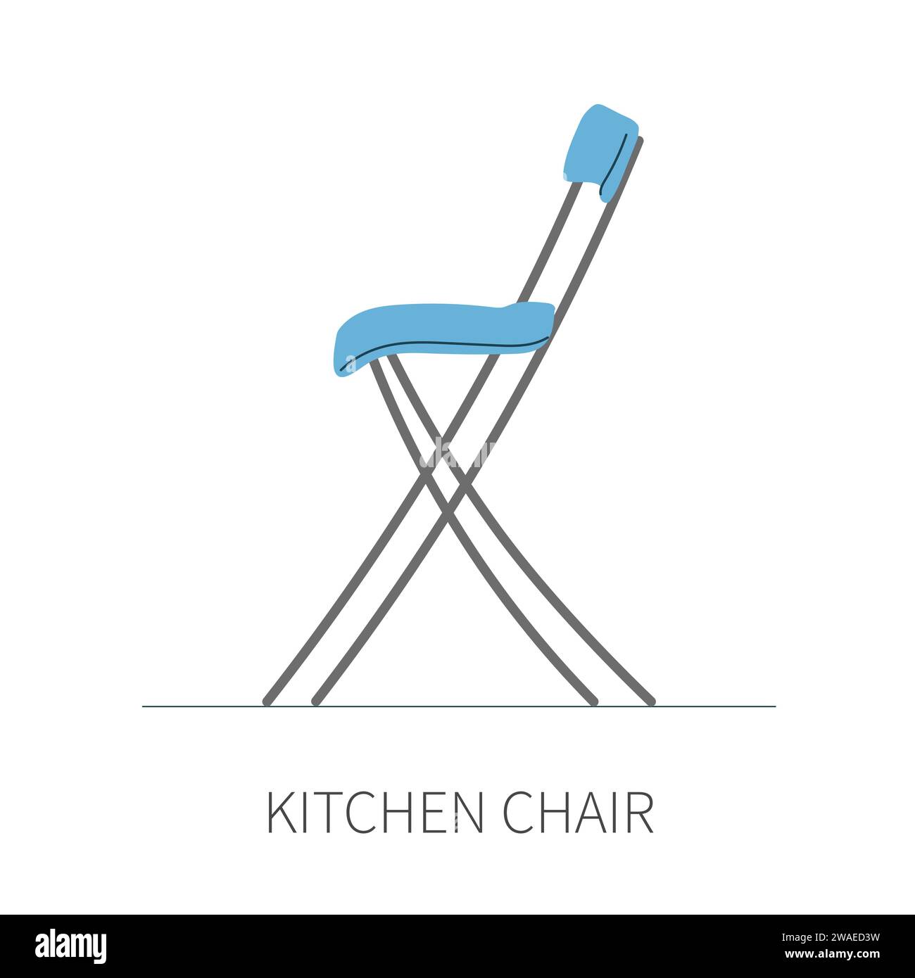 Chaise pliable de cuisine élégante sur pieds en métal avec siège en plastique bleu. Chaise isolée sur fond blanc vue latérale. Illustration vectorielle Illustration de Vecteur