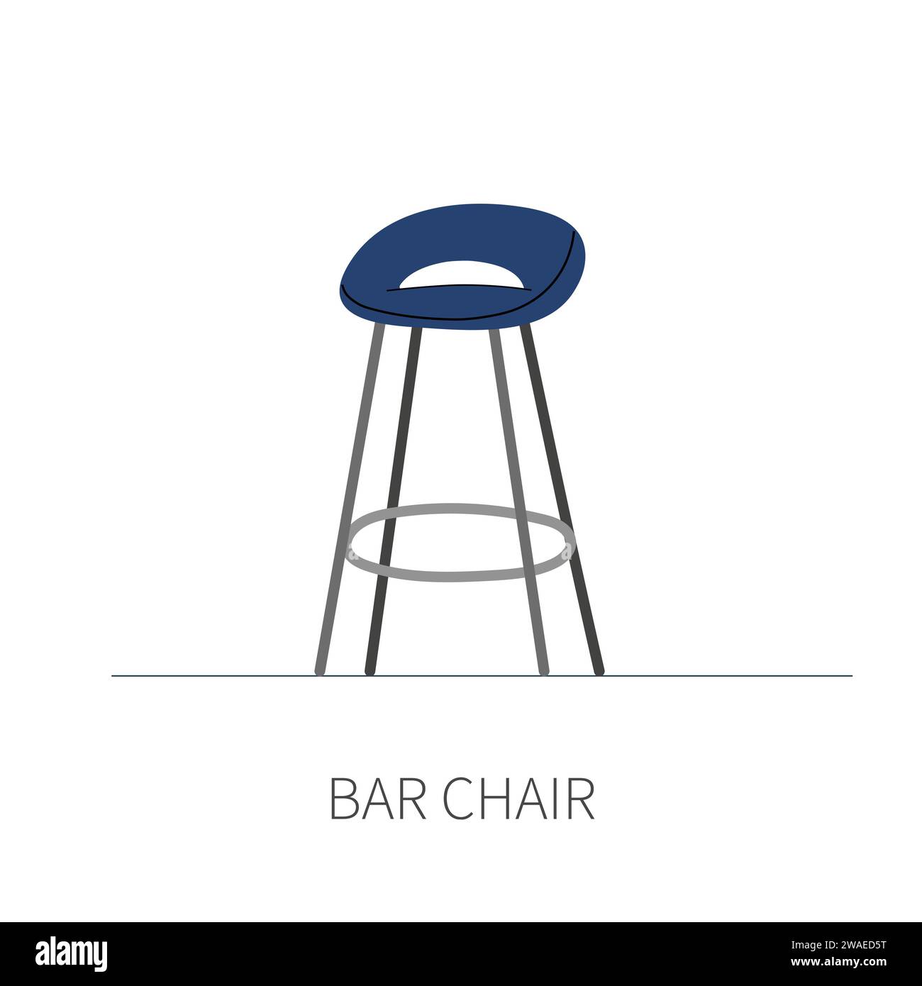 Chaise de bar de cuisine élégante haute sur pieds en métal avec siège bleu doux. Chaise isolée sur fond blanc vue de face. Illustration vectorielle Illustration de Vecteur