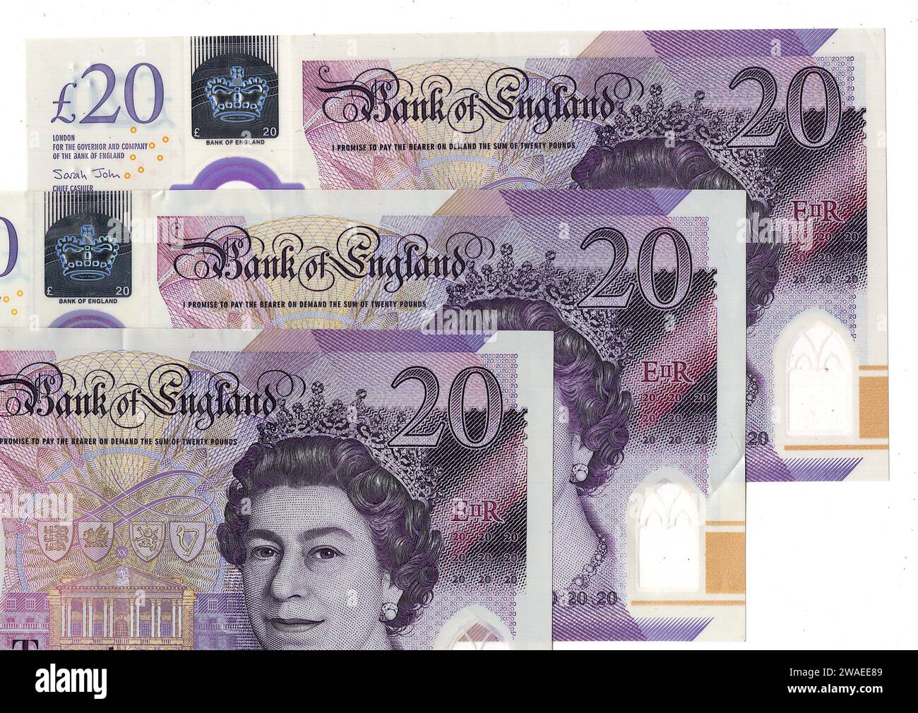 Billets de banque de vingt livres du Royaume-Uni/Grande-Bretagne isolés sur un fond blanc. Banque D'Images