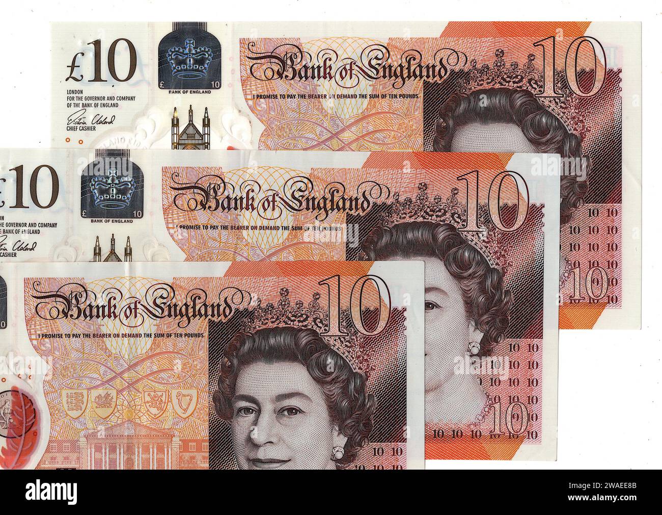 Billets de banque de dix livres du Royaume-Uni/Grande-Bretagne isolés sur fond blanc. Banque D'Images