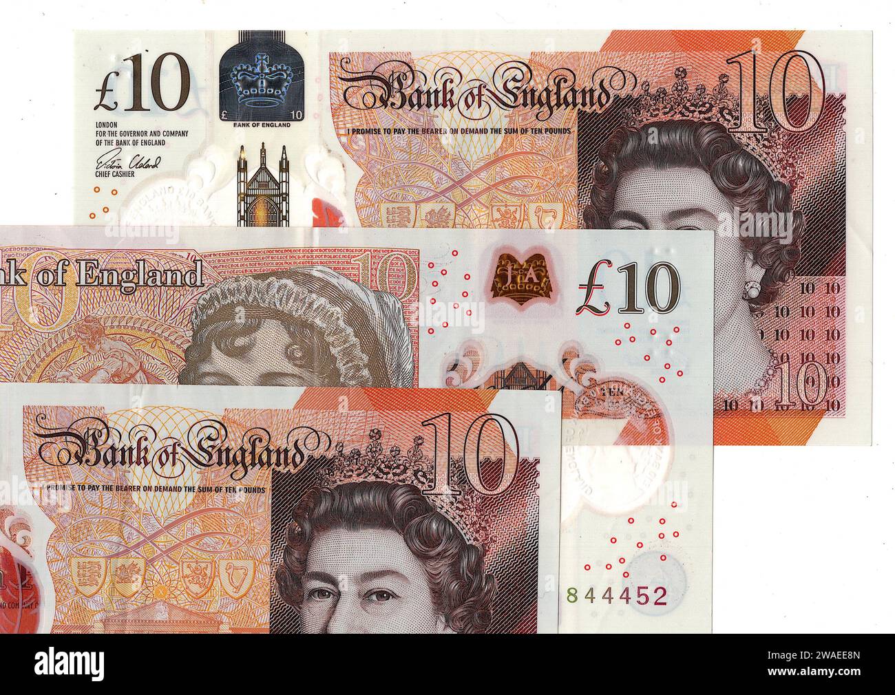 Billets de banque de dix livres du Royaume-Uni/Grande-Bretagne isolés sur fond blanc. Banque D'Images