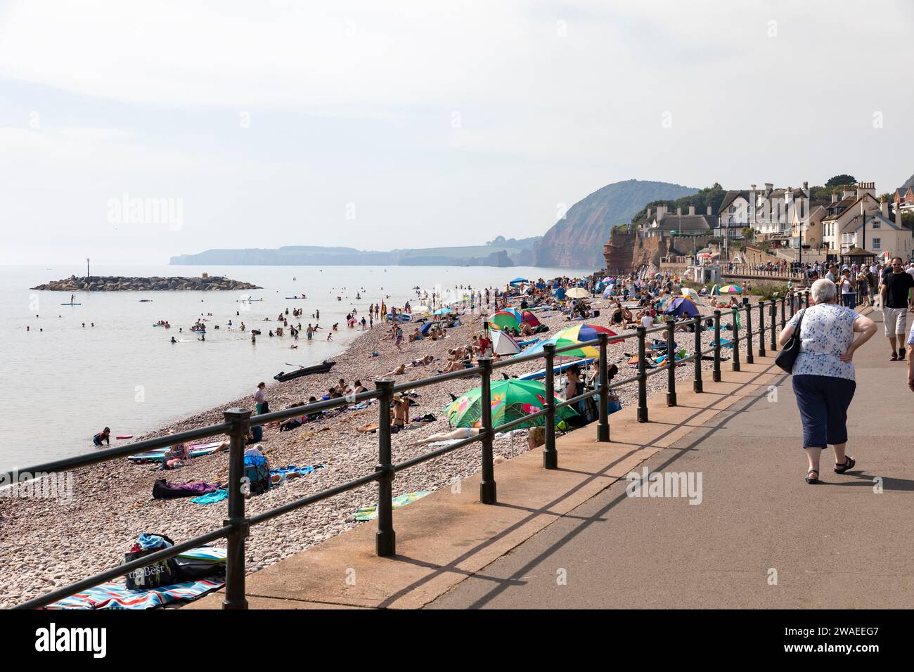 Sidmouth, ville côtière de la côte sud dans le Devon Angleterre, les gens sur l'esplanade le jour chaud de septembre, Angleterre, Royaume-Uni, 2023 Banque D'Images