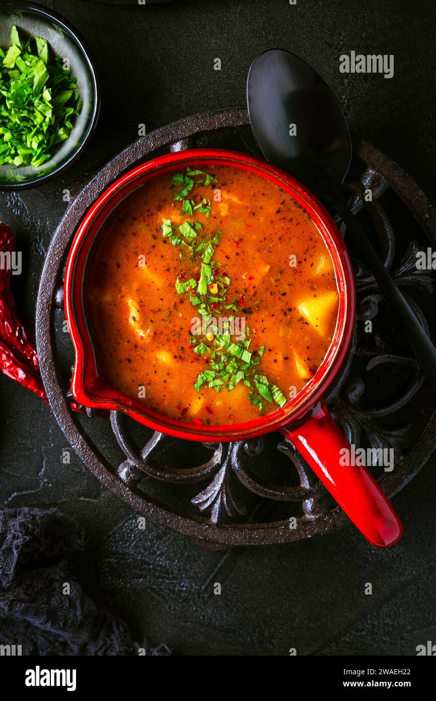 Soupe de goulasch chaude hongroise, bœuf, tomate, poivre, piment, soupe au paprika fumé. Plat traditionnel hongrois. Banque D'Images