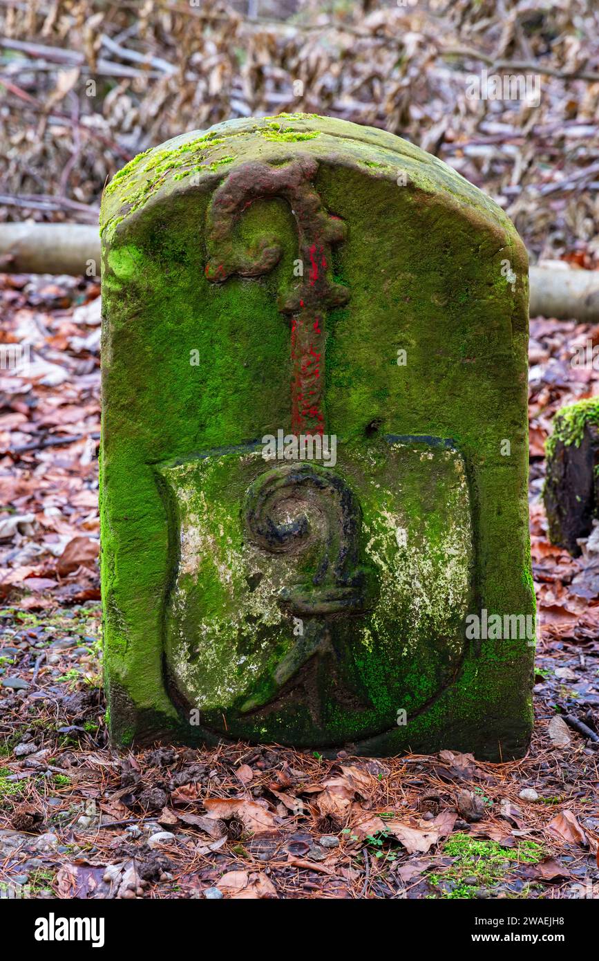 Le côté suisse de la pierre dite Bishop's Stone NR 61 (Bchofstein) remonte à 1491. La pierre rouge montre le croc de l'évêque et le croc de l'évêque noir ci-dessous. Banque D'Images