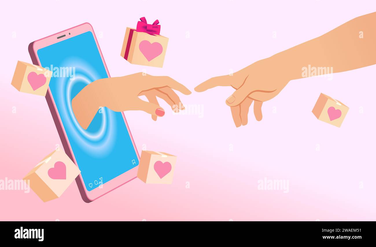 Concept de Saint Valentin avec smartphone et mains de la création d'Adam. Un couple dans l'amour essayant de toucher les mains, bannière de produit de promotion. Carte vectorielle Illustration de Vecteur