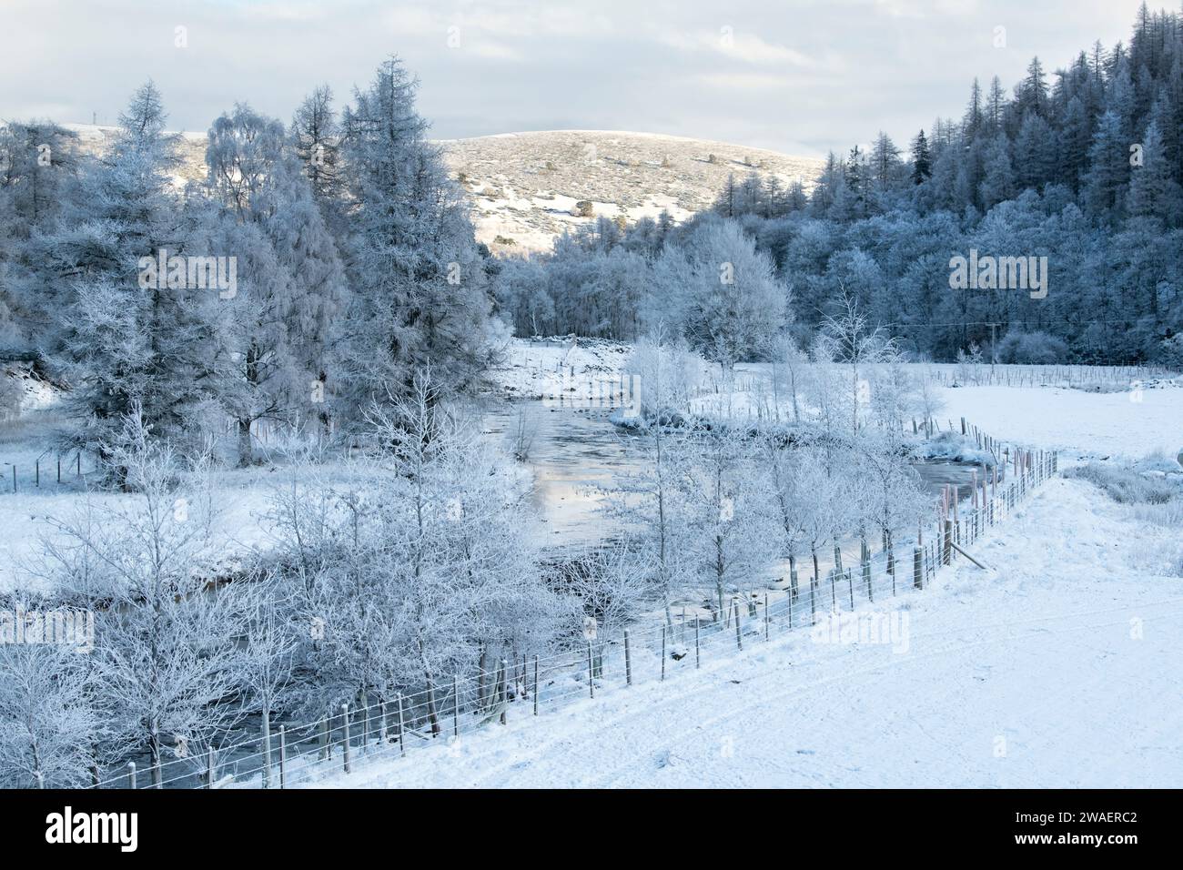 Rivière Gairn dans la glace et la neige. Gairnshiel, Cairngorms, Highlands, Écosse Banque D'Images