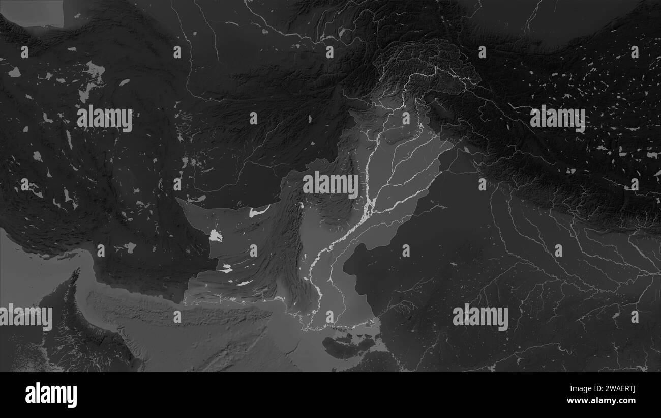 Pakistan mis en évidence sur une carte d'altitude en niveaux de gris avec des lacs et des rivières Banque D'Images