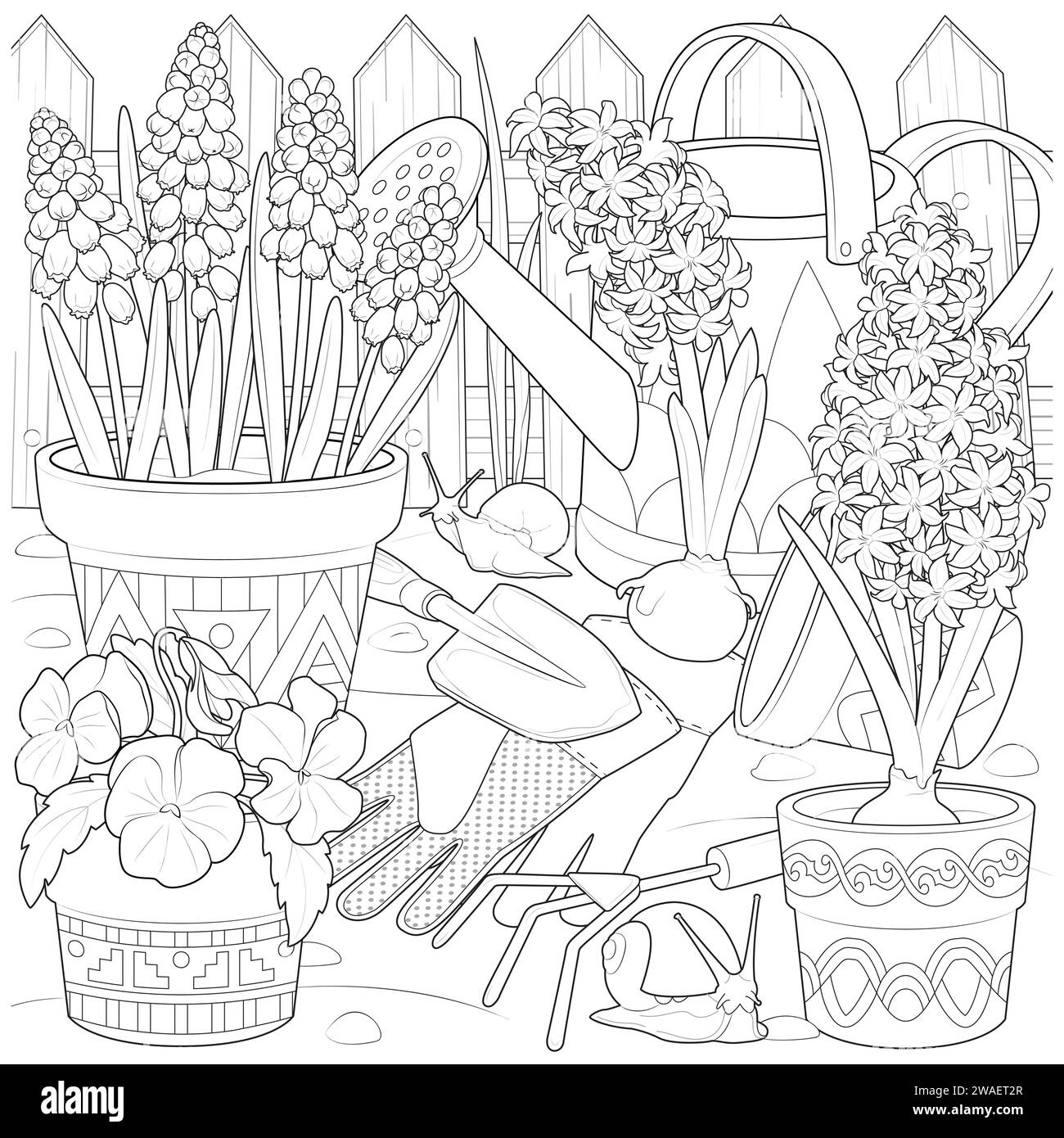Planter des fleurs dans le jardin. Fleurs, outils de jardinage et escargots. Page de coloriage Art thérapie noir et blanc. Illustration vectorielle Illustration de Vecteur