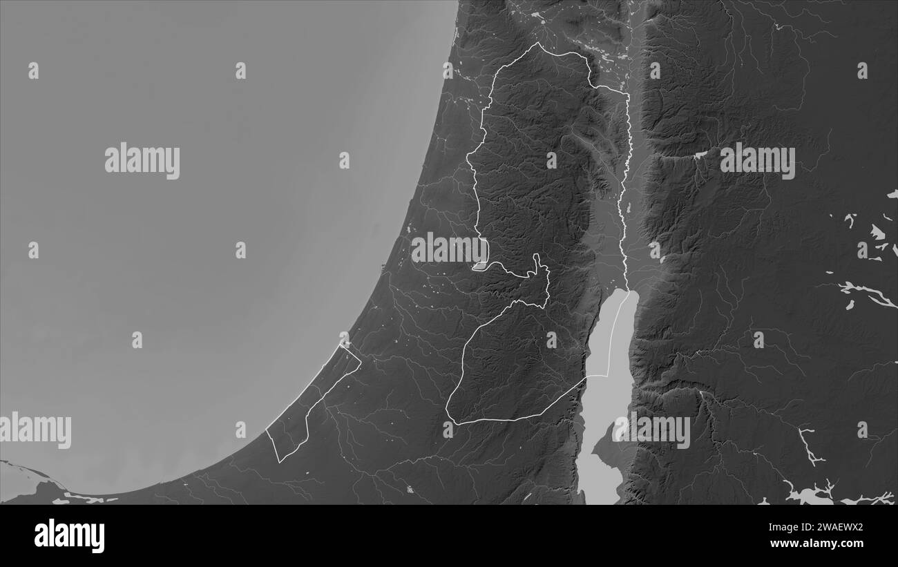 Palestine esquissée sur une carte d'altitude en niveaux de gris avec des lacs et des rivières Banque D'Images