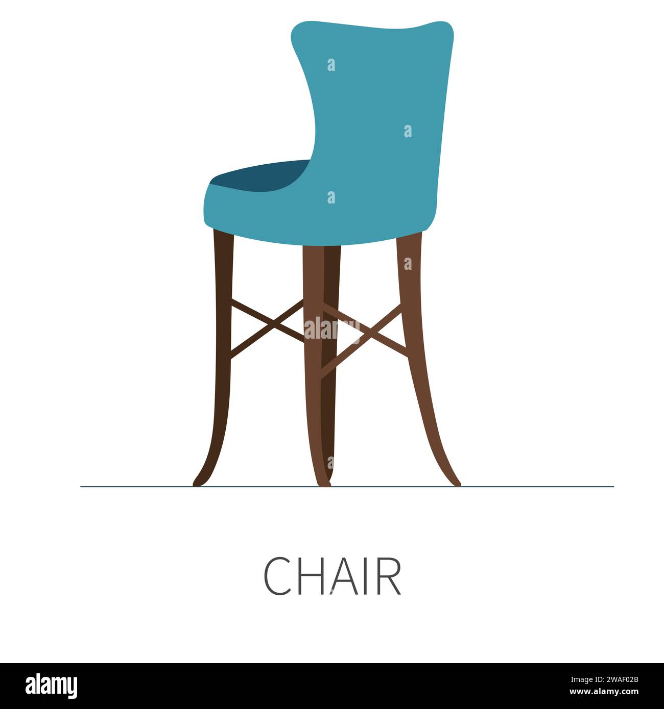 Chaise de salle à manger de cuisine classique sur des pieds en bois avec assise et dossier bleu doux. Chaise isolée sur fond blanc. Illustration vectorielle Illustration de Vecteur