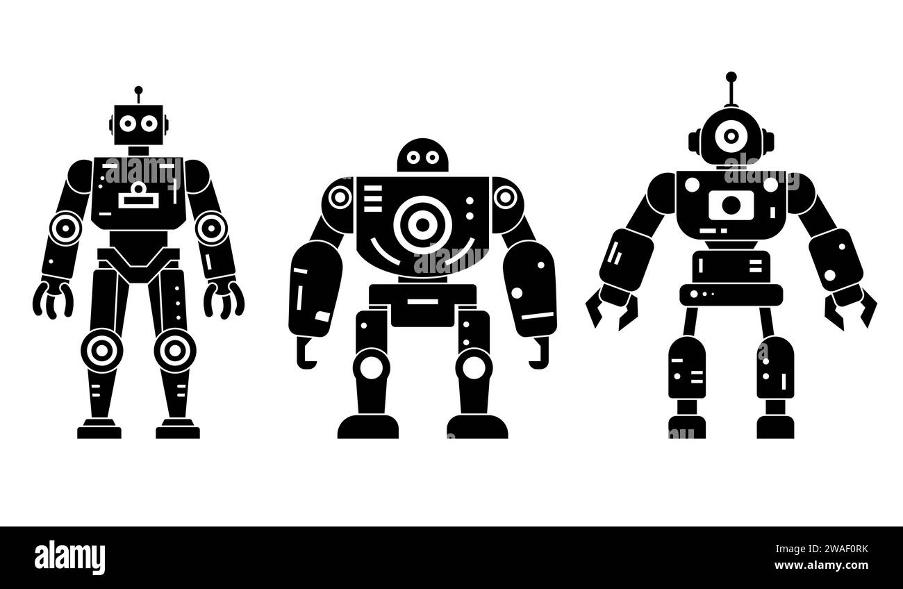 Les robots définissent des icônes noires amusantes heureuses. Silhouette cyborg de technologie de machine. Jeu de caractères humanoïdes futuristes. Robotique scientifique, compatible Android Illustration de Vecteur