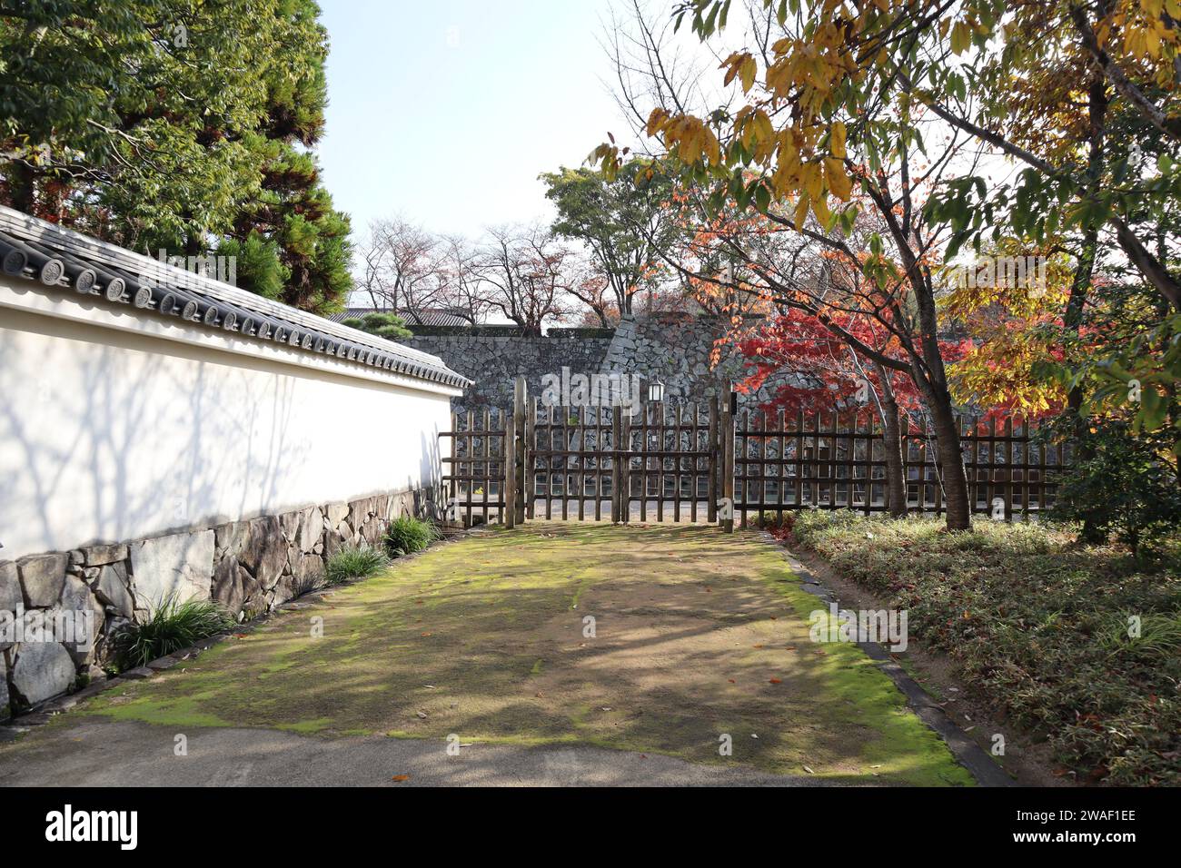 Murs blancs, clôture en bois et feuilles d'automne au jardin Koko-en tôt le matin, Himeji, Japon Banque D'Images
