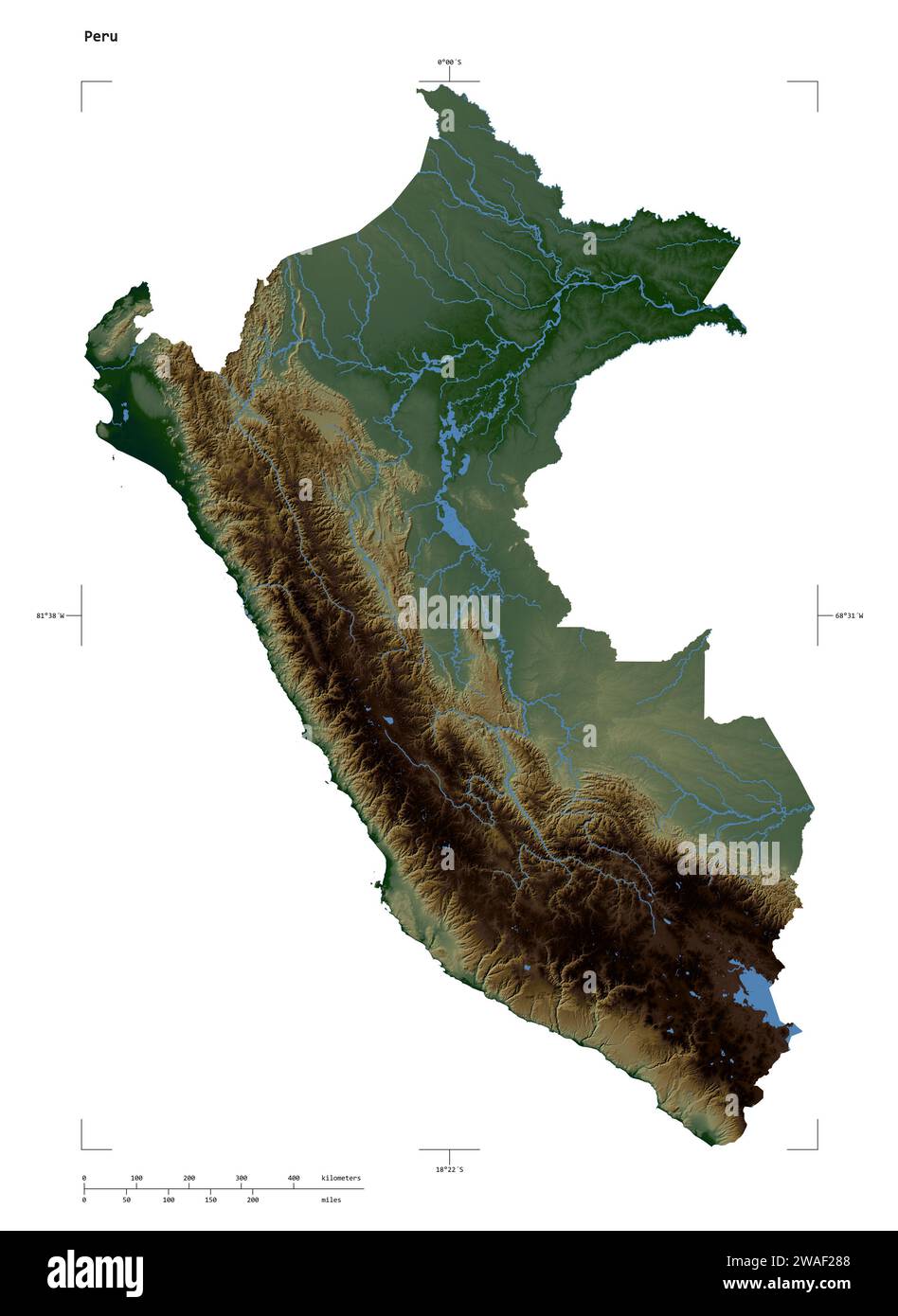 Forme d'une carte d'altitude en couleur avec les lacs et les rivières du Pérou, avec l'échelle de distance et les coordonnées de la frontière de la carte, isolé sur blanc Banque D'Images