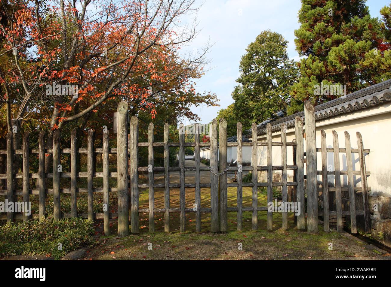 Murs blancs, clôture en bois et feuilles d'automne au jardin Koko-en tôt le matin, Himeji, Japon Banque D'Images