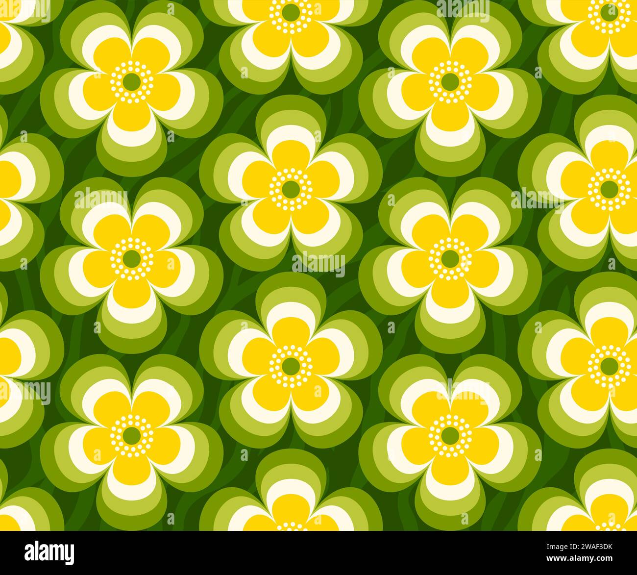 Fleurs rétro florales, fleurs en buttercup modernes du milieu du siècle dans des couleurs jaunes et vertes. Pour décoration intérieure, papiers peints, tissus et textiles. Motif vectoriel sans couture, Illustration de Vecteur