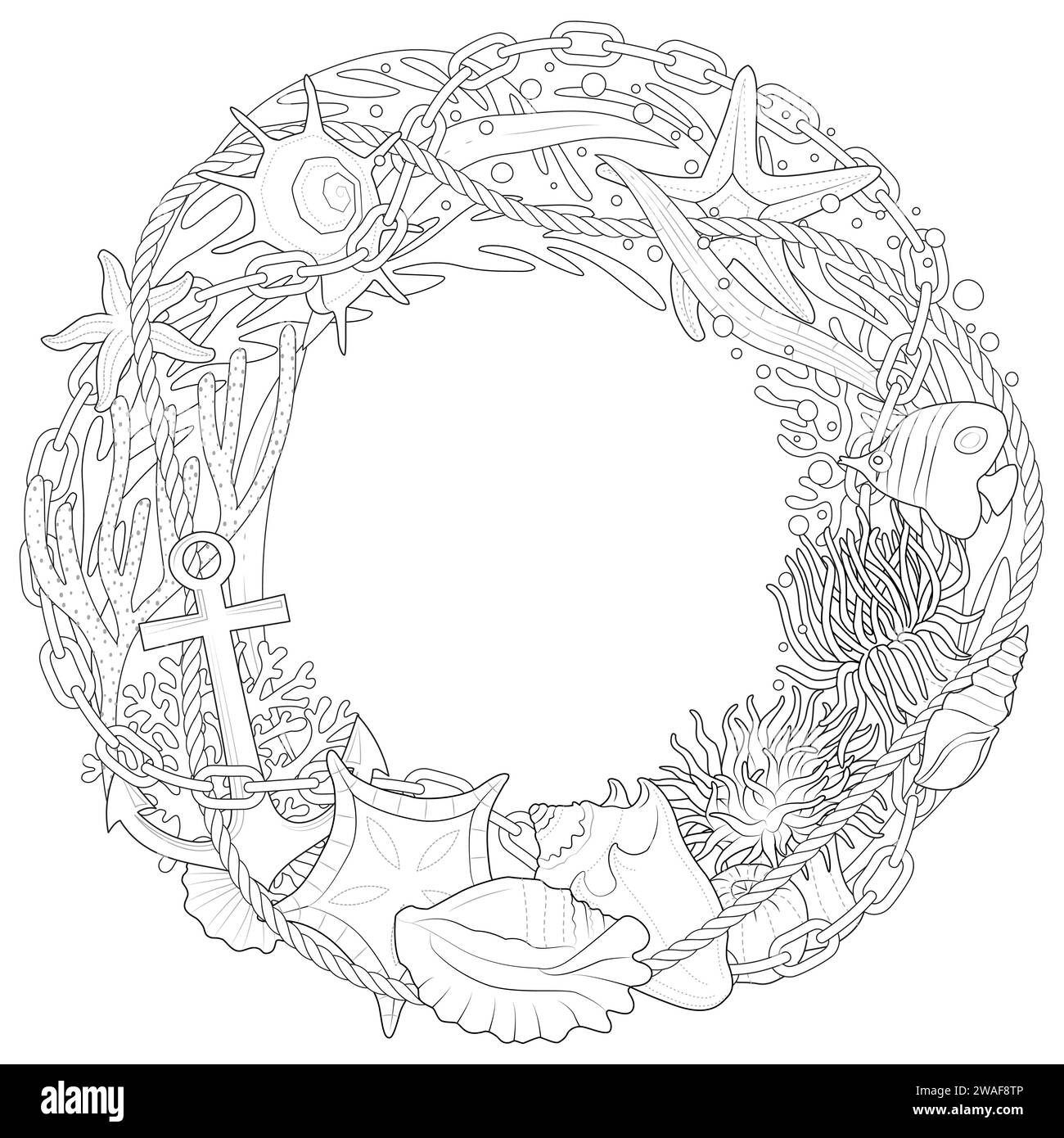 Couronne de mer d'été de coquillages et de coraux, étoiles de mer, ancres, algues et anémones de mer. Noir et blanc. Coloriage pour art-thérapie. Illustration vectorielle Illustration de Vecteur