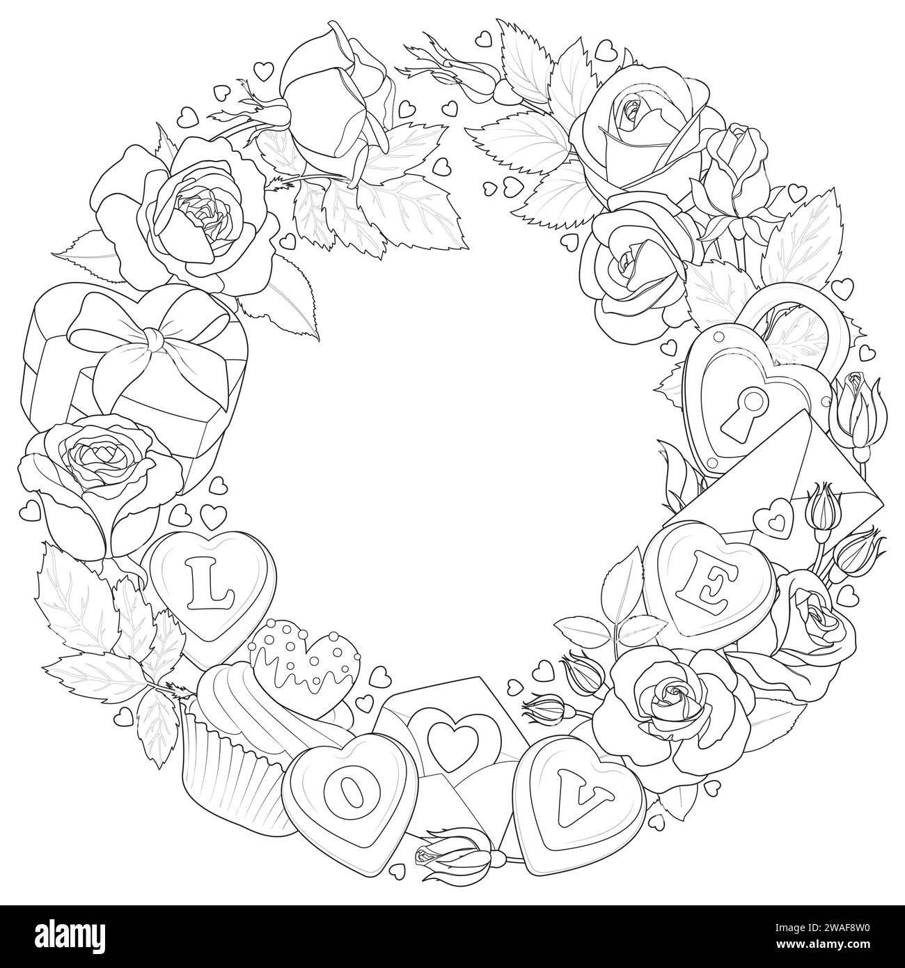 Couronne d'amour romantique. Couronne de Saint-Valentin de roses, de Saint-Valentin et de chocolat. Noir et blanc. Coloriage pour art-thérapie. Le 14 février. Illustration vectorielle Illustration de Vecteur